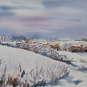 landscape with snow original watercolor panorama snowy hills landscape painting, landscape painting with snow