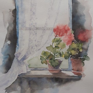 fiori rossi, fiori geranei, vaso di fiori, finestra con vaso di fiori, tenda ricamata e fiori, acquerello di foto, quadro di fiori,