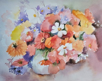colorful flowers, watercolor flower vase, bouquet of flowers, painting of a flower vase, original watercolor, flowers, nature, colorful flowers
