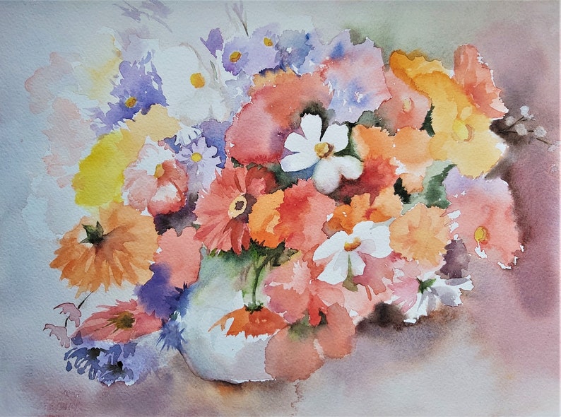 May include: A watercolor painting of a bouquet of flowers in a white vase. The flowers are a mix of pink, orange, yellow, and white. The background is a light gray.