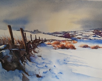 雪の中のウサギ – オリジナルの水彩画、ウサギの絵、冬の風景、降雪