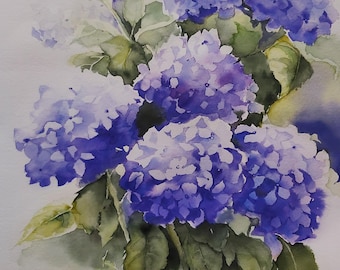 magnificent purple hydrangeas in this bright and vibrant watercolor