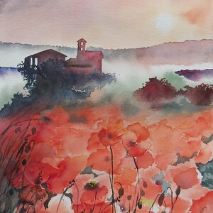 papaveri ad acquerello, campo di papaveri, acquerello di papaveri, dipinto di papaveri, fiori rossi, campo di fiori, paesaggio con papaveri