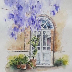 glicine, fiori, acquerello di glicine, porta e glicine, quadro di porta e glicine, dipinto di glicine sulla porta, casa dei glicini
