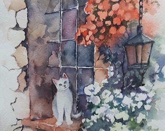 この繊細な水彩画では、シャム猫が花でいっぱいの窓の外を眺めています