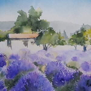 lavanda, paesaggio di lavanda, acquerello di lavanda, dipinto di Provenza, quadro di campo di lavanda, profumo di lavanda, quadro di Provenz