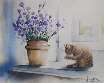 Kätzchen mit Blumen, Fensterkatze und Blumen, Aquarell von Blumen und Katze, Fenstermalerei, Katzenmalerei, Malerei von Blumen und Katze,