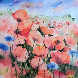 papaveri, fiordalisi, campo di papaveri, campo di fiori, fiori di campo, acquerello di papaveri, quadro di papaveri, dipinto di papaveri