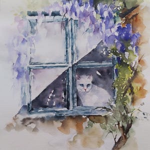 chat blanc à la fenêtre, chaton avec glycine, aquarelle de chat blanc, peinture de chat blanc, peinture de chat blanc et glycine