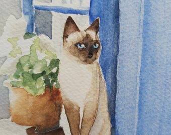 絵画 。壁掛け絵原画【女性の主人が花瓶を片付ける時に遊んでいた2匹のシャム猫】 絵画 。壁掛け絵原画【女性の主人が花瓶を片付ける時に遊んでいた2