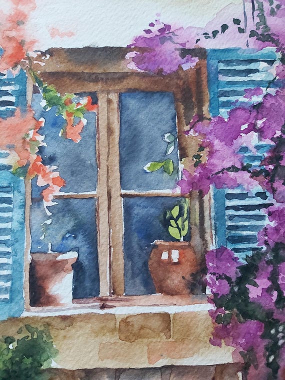 花の窓、窓アート、花のある窓の水彩画、花のある窓の絵、花の絵