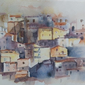 paysage, aquarelle de paysage, peinture de village pittoresque, peinture de maisons, aquarelle de maisons peintes dans les tons jaunes