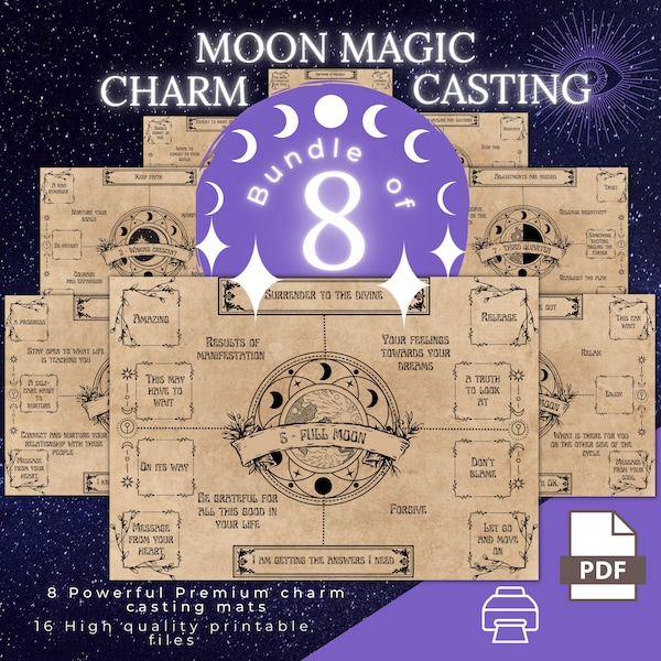 Planches à breloques pack de 8 Magie de la Lune MOON MAGIC idéales pour charms, runes, dés, lithomancie, tarot