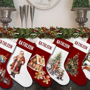 May include: Five red and white Christmas stockings with the name "KATHLEEN" embroidered on each. Each stocking features a different Christmas scene: a nativity scene, Santa Claus, a gingerbread house, a nutcracker, and a penguin.