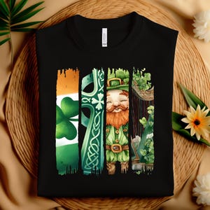 May include: Black t-shirt with a graphic design of a leprechaun, a Celtic cross, a harp, and shamrocks. The design is in shades of green, orange, and white.