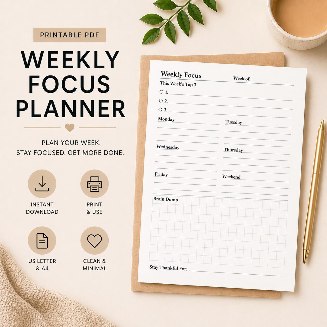Weekly Writing Focus Weekly Focus Planner Printable, Minimalist Weekly Planner PDF, Weekly ...