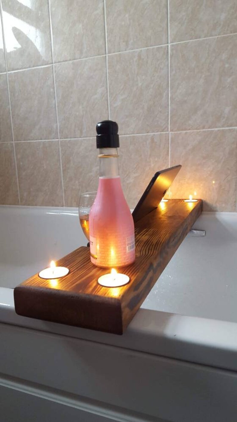 Deluxe Bath Caddy Wooden Bath Tray With Wine Glass Holder Etsy