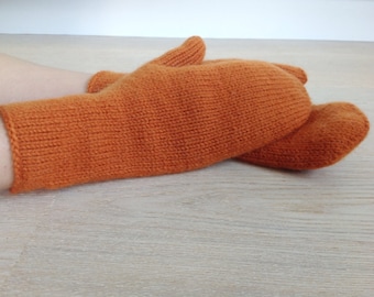 Orange hand knitted mittens Wool elegant knited mittens Women warm winter mittens Natural wool gloves Arm warmers Winter gift