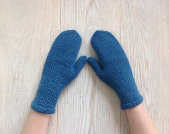 Knitted wool mittens Blue hand knitted mittens Warm winter mittens Knitted arm warmers Petrol gloves Natural wool mittens Gift for women