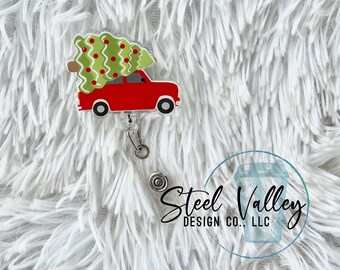 Christmas Car with tree Badge Reel, Christmas badge reel, Christmas tree badge reel