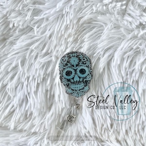 Sugar Skull Badge Reel, Skull Badge Reel, Halloween Badge Reel