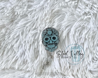 Sugar Skull Badge Reel, Skull Badge Reel, Halloween Badge Reel