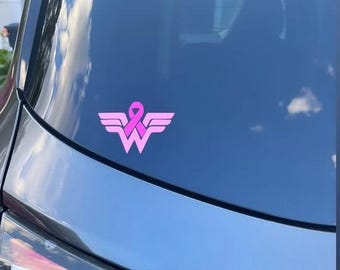 Wonder Woman Pink Ribbon Car Decal, Pink Ribbon Decal, Breast Cancer Awareness Decal