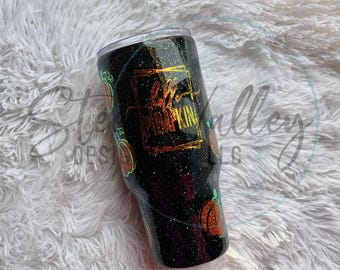 Hey Pumpkin Tumbler – Black Glitter Fall Cup with Holographic Pumpkins, Autumn Coffee Cup, Halloween Tumbler, Fall Gift for Her