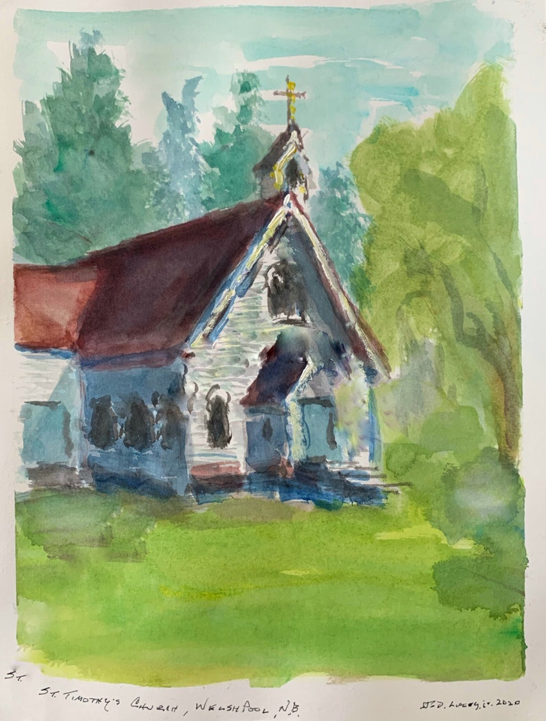 Welshpool Mat /& Mount 9 x 12 St Timothy\u2019s Church N.B Original Watercolor Sketch Incl