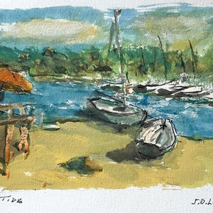 Low Tide - Original Watercolor Sketch - Massachusetts, 5 x 7 - Incl. Mat & Mount