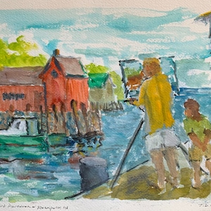 Artist and Daughter in Rockport - Original Watercolor Sketch - 9 x 12 - Cape Ann, Massachusetts - Incl. Mat & Mount