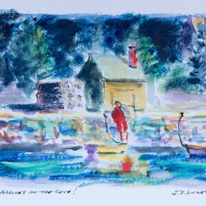 Santa Arrives at the Cove - Original Watercolor Sketch -  5 x 7 - Santa in New England! - Incl. Mat & Mount