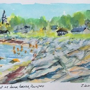 May include: Watercolor painting of a coastal scene, featuring a rocky shoreline and a body of water. The artwork depicts a church steeple, buildings, and lush greenery. The text "RIP-RAP at Back Beach, Rockport" is visible.