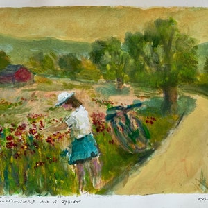 Algunas flores silvestres y un ciclista - Boceto original de acuarela - Incl. Mat / Mount