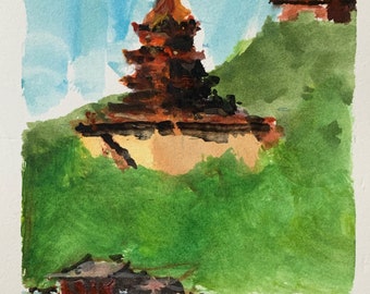 Summer Palace - Original Watercolor Sketch - 5 x 7 - Incl. Mat & Mount