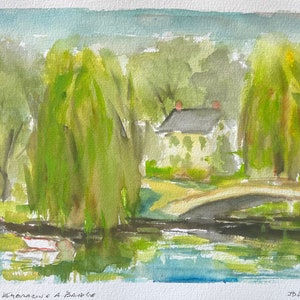 Willows Embracing a Bridge - Original Watercolor Sketch - 9 x 12 - Incl. Mat & Mount