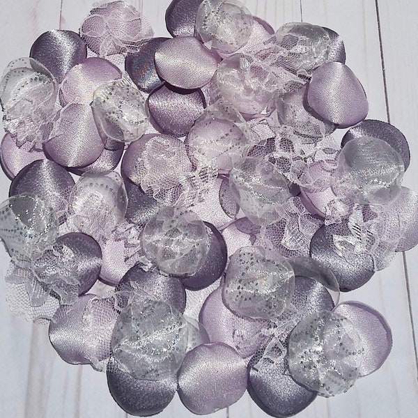 Lavender Gray Satin Petals, Wedding Rose Petals, Sweetheart Table Scatter Petals, Lilac Wedding Table Decor, Flower Girl Petals, Lace Petals