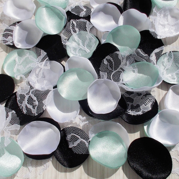 Light Teal Black White Satin Rose Petals, Turquoise Table Scatter, Wedding Rose, Quinceanera Sweet 16 Party Decor, Flower Girl, Crafting