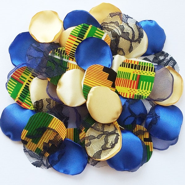 African Kente Gold Royal Blue, Wedding Rose Petals for Afrocentric Decor, African Wedding Party, Flower Girl Baskets, Sweetheart Cake Table