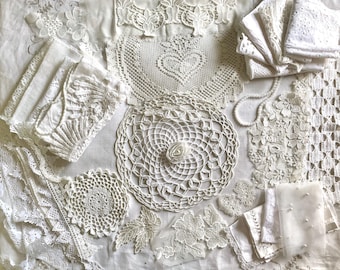 Antique White Heirloom Lace Collection, 36 Pc Vintage-Style Trims, Appliqués & Textiles, Junk Journal Slow Stitch Kit