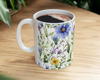 Watercolor Wildflower Pattern Coffee Mug, Floral Mug, Cottagecore Nature Mug, Botanical Tea Cup, Boho Flower Mug, Boho Tea Cup, Vintage Mug