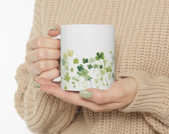 Watercolor Clover Mug, Pressed Clover Coffee Mug, Clover Leaf, Cottagecore, Botanical Tea Cup, Relaxing Green Design, Clover Tea Mug, Plant
