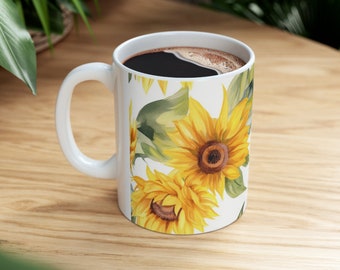 Watercolor Sunflower Pattern Ceramic Mug, Floral Mug, Cottagecore Nature Mug, Botanical Tea Cup, Watercolor Flower Mug, Boho Tea Cup, Nature