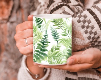 Watercolor Fern Coffee Mug, Fern Leaf, Cottagecore Nature Mug, Botanical Tea Cup, Fern Tea Cup, Plant Mug, Boho Fern Mug, Boho Tea Cup