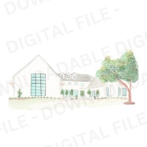 May include: Watercolor painting of a white farmhouse with a large window and a green tree in the front yard.