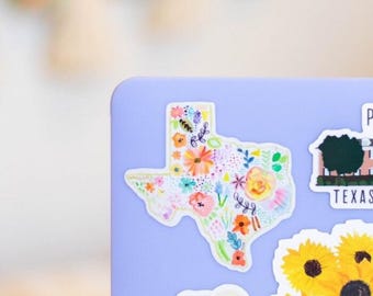 Floral Texas Bumper Sticker, Watercolor Lettering Sticker, Austin Houston Dallas Decor, Flower waterbottle computer tag
