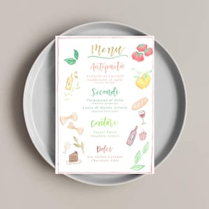 Modèle de menu italien téléchargeable | Menu de mariage et décoration de table | Toile 5 x 7 modifiable à l'aquarelle