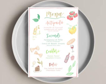 Downloadable Italian Menu Template | Wedding Menu and Table Decor | Watercolor Editable 5x7 Canva Design