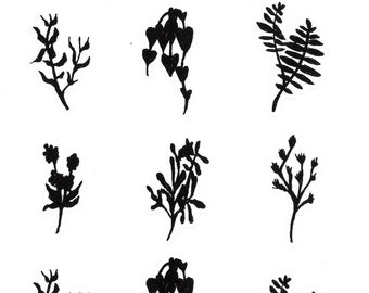 Könnte beinhalten: Ein Blatt mit schwarzen und weißen Aufklebern mit verschiedenen floralen Designs. Die Aufkleber sind in drei Reihen mit jeweils drei Aufklebern angeordnet. Der Text "@DesignbyChosa" steht oben auf dem Blatt.