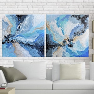 Extra Großes Blau Gold Abstrakte Malerei Set von 2: Original Kunstwerk